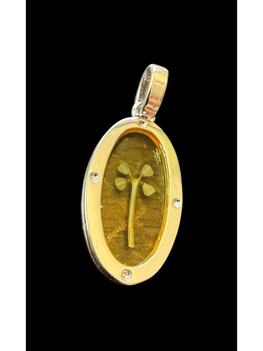 Vintage Sterling Silver Real Four Leaf Clover Amber Resin Oval Pendant 925